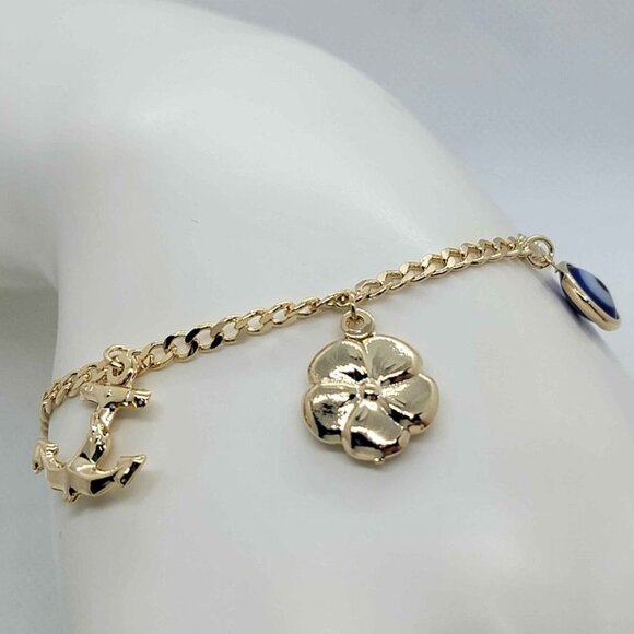 Brand New Brazilian 18k Gold Filled Multi Charms w/   Blue Evil Eye Bracelet - Picture 3 of 7